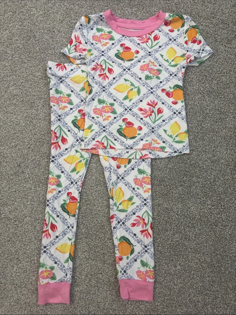 Penelope Mack White Fruit-Print Pajama Set with Pink Trim
